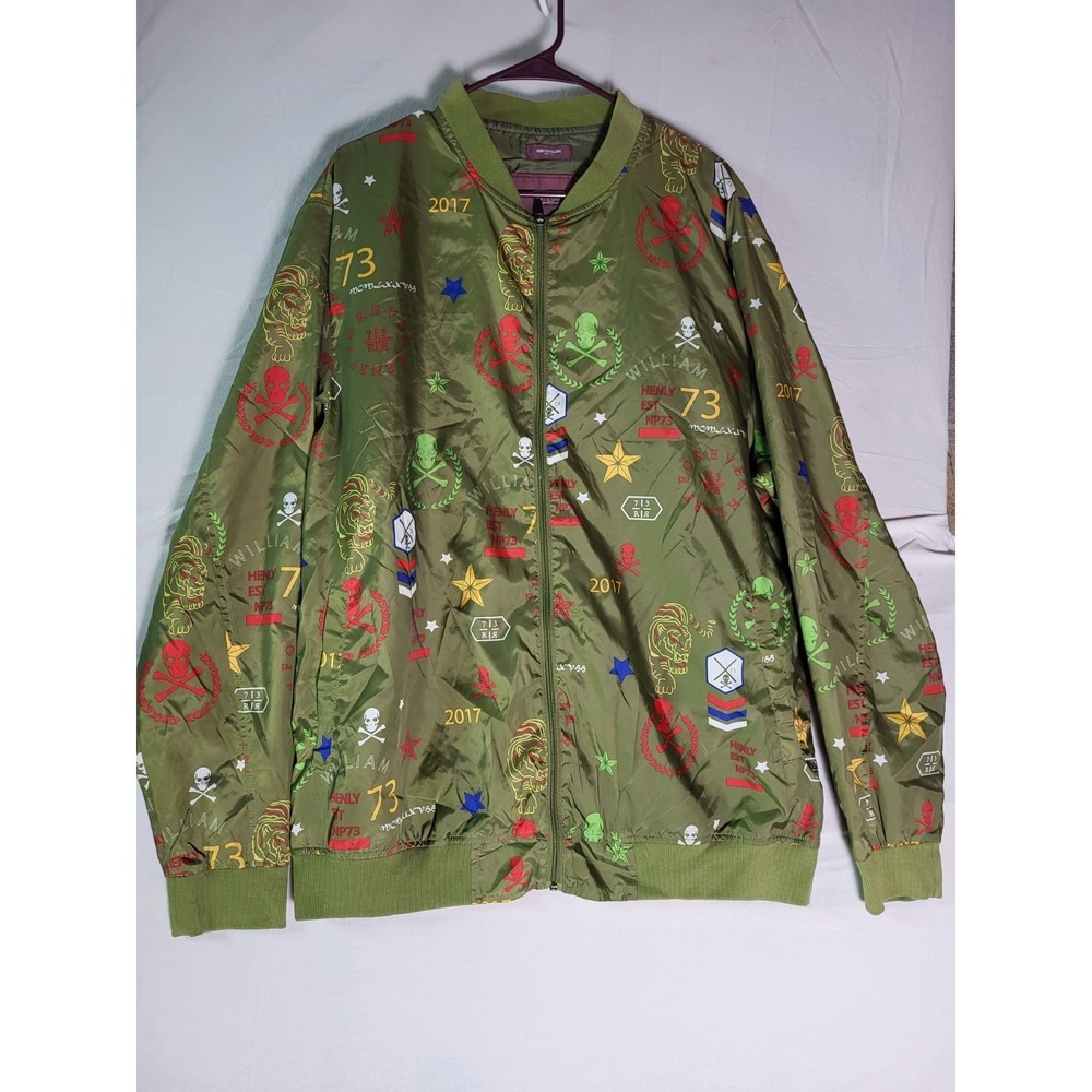Henry & William NY Mens Bomber Jacket 2XL Olive Green Graphic Skull Lion Print